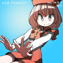 Rule 34 | 1girl, artist name, blue background, brown hair, character name, collar, frilled collar, frills, gradient background, hat, huxiao (mistlakefront), long sleeves, lyrica prismriver, red hat, red skirt, skirt, solo, spread fingers, touhou