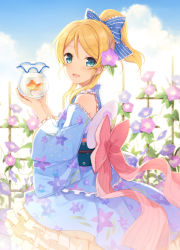 Rule 34 | 10s, 1girl, 6u (eternal land), ayase eli, bad id, bad pixiv id, blonde hair, blue eyes, blue sky, bow, cloud, day, detached sleeves, earrings, fish, fishbowl, floral print, flower, goldfish, hair bow, hair flower, hair ornament, japanese clothes, jewelry, kimono, long sleeves, looking at viewer, love live!, love live! school idol festival, love live! school idol project, obi, open mouth, ponytail, sash, sky, smile, solo, wide sleeves