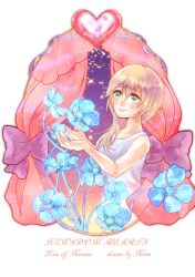 Rule 34 | 1girl, absurdres, bare arms, bare shoulders, blonde hair, blue eyes, blue flower, closed mouth, copyright name, curtains, dress, flower, hair between eyes, hair over shoulder, heart, highres, kingdom hearts, long hair, namine, nemu (nemu heart813), smile, solo, sparkle, white dress