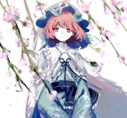 Rule 34 | 1girl, blue bow, blue hat, blue kimono, blue ribbon, bow, cake mogo, cherry blossoms, cloak, commentary request, expressionless, frilled kimono, frills, hat, highres, japanese clothes, kimono, korean commentary, long sleeves, looking at viewer, mob cap, neck ribbon, pink hair, red eyes, ribbon, saigyouji yuyuko, short hair, solo, touhou, triangular headpiece, upper body, waist bow, white cloak, wide sleeves