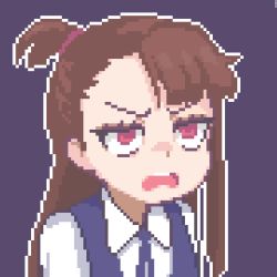 Rule 34 | 1girl, annoyed, blue background, brown hair, collared shirt, eyebrows, hcnone, kagari atsuko, little witch academia, long hair, looking at viewer, pixel art, red eyes, shirt, simple background, solo, teeth, upper body, upper teeth only, white shirt