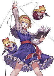 Rule 34 | 1girl, alice margatroid, arm above head, blonde hair, blue dress, blue eyes, book, breasts, capelet, commentary request, doll, dress, feet out of frame, from below, hairband, highres, holding, holding book, hourai doll, legs apart, long hair, long sleeves, looking down, marionette, open book, petticoat, puffy sleeves, puppet, red hairband, red sash, sash, shanghai doll, short hair, simple background, small breasts, solo, standing, touhou, white background, white capelet, yanyan (shinken gomi), yellow eyes