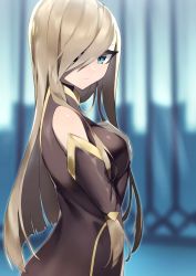 Rule 34 | 1girl, bare shoulders, blue eyes, breasts, brown dress, brown hair, closed mouth, detached sleeves, dress, expressionless, hair over one eye, hand on own chest, highres, long hair, looking at viewer, rindoriko, sidelocks, sleeveless, sleeveless dress, solo, tales of (series), tales of the abyss, tear grants, very long hair