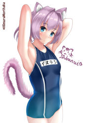 Rule 34 | 1girl, absurdres, animal ears, arms behind head, blue eyes, blue one-piece swimsuit, cat ears, cat tail, character name, commentary request, cowboy shot, flat chest, highres, himura moritaka, kantai collection, kemonomimi mode, one-hour drawing challenge, one-piece swimsuit, pink hair, ponytail, school swimsuit, shiranui (kancolle), short hair, simple background, solo, standing, swimsuit, tail, twitter username, white background