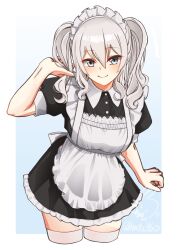 Rule 34 | 1girl, absurdres, alternate costume, apron, black dress, blue background, border, commentary request, cropped legs, dress, enmaided, frilled apron, frills, gradient background, grey eyes, grey hair, highres, kantai collection, kashima (kancolle), looking at viewer, maid, maid headdress, mochizou, sidelocks, solo, thighhighs, tsurime, twintails, two-tone background, wavy hair, white apron, white border, white thighhighs