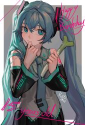 Rule 34 | 1girl, artist name, bare arms, black skirt, black sleeves, border, closed mouth, collared shirt, detached sleeves, finger to own chin, food, green eyes, green hair, green necktie, grey background, grey shirt, hair ornament, hands up, happy birthday, hatsune miku, highres, holding, holding food, holding spring onion, holding vegetable, kofi-mo, long hair, long sleeves, looking to the side, necktie, outside border, pleated skirt, shirt, shoulder tattoo, signature, skirt, sleeveless, sleeveless shirt, solo, spring onion, tattoo, twintails, upper body, vegetable, very long hair, vocaloid, white border