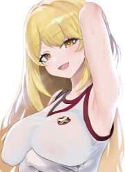 Rule 34 | 1girl, absurdres, arm under breasts, armpits, backlighting, bare shoulders, blonde hair, breast hold, breasts, bright pupils, commentary request, emblem, gloves, gym shirt, highres, impossible clothes, impossible shirt, kazane-wind, large breasts, long hair, looking at viewer, open mouth, paid reward available, shirt, shokuhou misaki, simple background, sleeveless, sleeveless shirt, smile, solo, star-shaped pupils, star (symbol), sweat, symbol-shaped pupils, toaru kagaku no railgun, toaru kagaku no railgun t, toaru majutsu no index, tokiwadai school gym uniform, upper body, very sweaty, white background, white gloves, white pupils, white shirt, yellow eyes