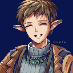 Rule 34 | 1boy, blue background, brown coat, brown hair, closed eyes, coat, facing viewer, grey sweater, grin, happy, hiroita, jewelry, lowres, male focus, necklace, noel chandler, pixel art, pointy ears, ribbed sweater, short hair, signature, smile, solo, star ocean, star ocean the second story, sweater