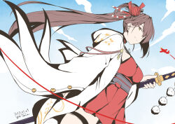 Rule 34 | 1girl, artist name, azur lane, breasts, brown hair, cowboy shot, dated, dress, dutch angle, floating hair, from below, hair ornament, high ponytail, holding, holding sword, holding weapon, japanese clothes, katana, kimono, large breasts, looking at viewer, red dress, sky, smile, solo, sword, taira yuuki, thigh strap, weapon, white kimono, zuikaku (azur lane)