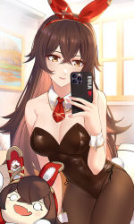 Rule 34 | 1girl, alternate costume, amber (genshin impact), bare shoulders, baron bunny (genshin impact), black leotard, bow, breasts, brown eyes, brown hair, brown pantyhose, cellphone, cleavage, crossed bangs, detached collar, genshin impact, hair between eyes, hair bow, hand up, highres, holding, holding phone, indoors, iphone, leaning forward, leotard, long hair, medium breasts, necktie, pantyhose, parted lips, phone, playboy bunny, rabbit tail, red bow, red necktie, selfie, shigure s, short necktie, smartphone, solo, tail, very long hair, window, wrist cuffs