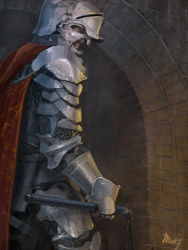Rule 34 | 1boy, armor, blue eyes, brick, brick wall, cape, chainmail, chain, closed mouth, full armor, gauntlets, helm, helmet, holding, holding weapon, male focus, medieval, mozuo, original, pauldrons, red cape, shoulder armor, signature, solo, vambraces, weapon