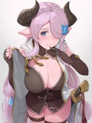 Rule 34 | 1girl, blush, breasts, cleavage, draph, elbow gloves, gloves, granblue fantasy, grey background, hair ornament, hair over one eye, hairclip, highres, hinami (hinatamizu), horns, large breasts, leg strap, long hair, looking at viewer, narmaya (granblue fantasy), pink hair, pointy ears, purple eyes, scabbard, sheath, sheathed, simple background, smile, solo, sword, thigh strap, very long hair, weapon