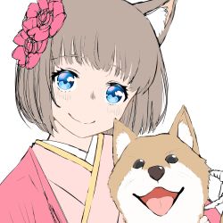 Rule 34 | 1girl, animal ears, blue eyes, brown hair, chinese zodiac, closed mouth, commentary request, dog, dog ears, flower, hair flower, hair ornament, head tilt, highres, japanese clothes, kimono, looking at viewer, new year, original, saruchitan, shiba inu, short hair, simple background, smile, solo, unfinished, white background, year of the dog
