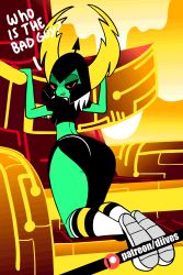Rule 34 | 1girl, animated, animated gif, arms up, artist name, ass, black eyes, black shirt, black skirt, breasts, colored sclera, colored skin, crop top, diives, english text, female focus, freckles, from behind, full body, green skin, half-closed eyes, helmet, highres, kneehighs, kneeling, looking at viewer, looking back, lord dominator, midriff, lava, open mouth, patreon logo, patreon username, red sclera, shirt, shoes, short sleeves, skirt, small breasts, smile, socks, solo, striped clothes, striped socks, talking, teeth, text focus, wander over yonder, watermark, web address, white footwear, white hair
