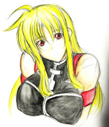 Rule 34 | 00s, bare shoulders, blonde hair, breasts, fate testarossa, fate testarossa (true sonic form), hagane soushi, huge breasts, long hair, lyrical nanoha, mahou shoujo lyrical nanoha, mahou shoujo lyrical nanoha strikers, red eyes, sketch, solo, traditional media