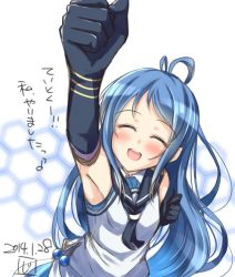 Rule 34 | 10s, 1girl, arm up, armpits, blue hair, clenched hands, closed eyes, dated, elbow gloves, facing viewer, gloves, jiino, kantai collection, long hair, open mouth, raised fist, samidare (kancolle), school uniform, serafuku, sleeveless, solo, very long hair