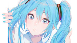 Rule 34 | 1girl, 43 pon, artist name, blue eyes, blue hair, blue nails, blue theme, blush, border, close-up, collared shirt, dot nose, expressionless, eyelashes, fingernails, hair between eyes, hand rest, hatsune miku, highres, leaning, leaning to the side, light blush, long hair, looking at viewer, nail polish, nose blush, parted lips, shirt, simple background, sleeveless, sleeveless shirt, solo, star (symbol), star in eye, straight hair, symbol in eye, tareme, twintails, upper body, vocaloid, white background, white border, white shirt