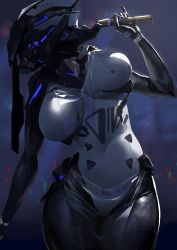 Rule 34 | 1girl, absurdres, android, blurry, blurry background, breasts, commentary, english commentary, helmet, highres, holding, holding microphone, large breasts, light stick, looking up, microphone, navel, original, pinky out, robot, science fiction, shizuoxing kof, solo, thick thighs, thighs, visor