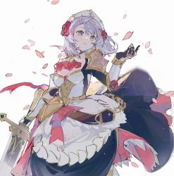 Rule 34 | 1girl, armor, armored dress, ascot, cleavage cutout, clothing cutout, flower, genshin impact, green eyes, hair flower, hair ornament, highres, holding, holding sword, holding weapon, noelle (genshin impact), parted lips, petals, qinghejunzi, red ascot, shoulder armor, simple background, solo, sword, vambraces, weapon, white background, white hair, white headwear