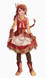 Rule 34 | 1girl, :d, absurdres, apron, black pantyhose, boots, braid, braided ponytail, brown footwear, brown hair, brown headwear, brown mittens, commentary, curtsey, dress, full body, highres, long hair, long sleeves, looking at viewer, mittens, open mouth, pantyhose, pinafore dress, pink scarf, purple eyes, red dress, scarf, shirt, simple background, sleeveless, sleeveless dress, smile, solo, waist apron, white apron, white background, xiansan, yellow shirt, ys, ys origin, yunica tovah
