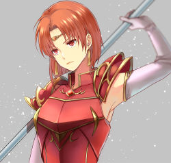 Rule 34 | 1girl, anzk232, armor, circlet, closed mouth, earrings, elbow gloves, fire emblem, fire emblem: the binding blade, fire emblem heroes, gloves, headpiece, holding, holding weapon, jewelry, melady (fire emblem), nintendo, red armor, red eyes, red hair, short hair, solo, weapon