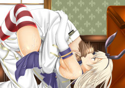 Rule 34 | 10s, 1boy, 1girl, admiral (kancolle), aged up, alternate breast size, anchor hair ornament, bad id, bad pixiv id, belt, black panties, blonde hair, blush, breasts, clothed sex, crop top, elbow gloves, epaulettes, gloves, grey eyes, hair ornament, hairband, hat, headgear, hetero, highleg, highleg panties, holding, implied sex, kanatayama, kantai collection, long hair, medium breasts, microskirt, military, military hat, military uniform, naval uniform, office, open fly, open mouth, panties, pants, peaked cap, sailor collar, school uniform, serafuku, sex, shimakaze (kancolle), sideboob, skirt, striped clothes, striped thighhighs, sweat, table, thighhighs, underwear, uniform, white gloves, window