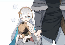 Rule 34 | 1boy, 1girl, anastasia (fate), blue cape, blue cloak, brown hairband, brown ribbon, cape, cloak, doll, fate/grand order, fate (series), fur-trimmed jacket, fur trim, hair over one eye, hairband, holding, holding doll, hand grab, jacket, kadoc zemlupus, long hair, long sleeves, looking at another, looking at viewer, meiji ken, out of frame, ribbon, royal robe, silver hair, yellow hairband, aged down