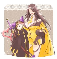 Rule 34 | 1boy, 1girl, alternate color, arc system works, bare shoulders, black hair, blazblue, blush, breast press, breasts, cape, cat, color switch, couple, dress, eyepatch, closed eyes, hair over one eye, hood, husband and wife, jubei (blazblue), konoe a. mercury, large breasts, long hair, multiple tails, necktie, nunun, open mouth, pink hair, sheath, sheathed, short dress, smile, sword, tail, thighhighs, weapon, yellow eyes