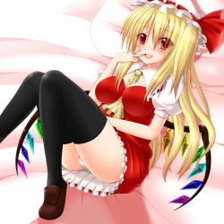 Rule 34 | 1girl, ascot, black thighhighs, blonde hair, blush, breasts, cleavage, dotera, embodiment of scarlet devil, female focus, flandre scarlet, hanazome dotera, hat, highres, large breasts, lying, aged up, on back, panties, pantyshot, red eyes, short hair, side ponytail, solo, thighhighs, touhou, underwear, wings
