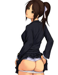 Rule 34 | 1girl, ass, ass support, bad id, bad pixiv id, bow, brown eyes, brown hair, butt crack, clothes lift, hair bow, hand on own ass, looking back, original, panties, panty pull, ponytail, simple background, skirt, skirt lift, solo, underwear, white background, white bow, yuuji (and)