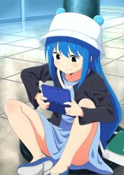 Rule 34 | 10s, 1girl, aoyama kotoha (mitsuboshi colors), bag, black jacket, blue dress, blue footwear, blue hair, blush, brown eyes, closed mouth, commentary request, day, dbmaster, dress, game console, hair between eyes, handheld game console, hat, highres, holding, jacket, long hair, long sleeves, looking away, mitsuboshi colors, open clothes, open jacket, outdoors, playing games, shoes, shoulder bag, sidelocks, sitting, solo, v-shaped eyebrows, very long hair, white hat
