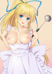Rule 34 | 1girl, apron, blonde hair, blue eyes, breasts, breasts out, flashing, hair ribbon, large breasts, lilith aileron, long hair, looking at viewer, n.g., naked apron, nipples, open mouth, ponytail, ribbon, smile, solo, tales of (series), tales of destiny, very long hair