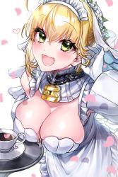 Rule 34 | 1girl, adapted costume, ahoge, apron, bare shoulders, blonde hair, blush, braid, breasts, chain, cleavage, cup, detached collar, dress, fate/extra, fate/extra ccc, fate (series), flower wreath, french braid, green eyes, hair between eyes, hair bun, hair intakes, head wreath, heart, highres, large breasts, lock, long hair, looking at viewer, maid headdress, nero claudius (bride) (fate), nero claudius (fate), nero claudius (fate) (all), nero claudius (fate/extra), open mouth, padlock, petals, single hair bun, smile, solo, teacup, tray, white dress, white sleeves, yayoi maka, zipper, zipper pull tab
