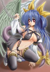 Rule 34 | 1girl, arc system works, asymmetrical wings, blue hair, boots, bow, breasts, chain, cleavage, collar, dizzy (guilty gear), covered erect nipples, guilty gear, hair bow, kneeling, large breasts, long hair, midriff, navel, red eyes, ribbon, solo, tail, tail ornament, tail ribbon, thighhighs, very long hair, wings