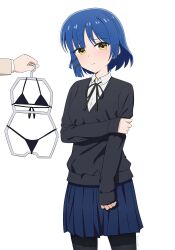 Rule 34 | 1girl, 1other, absurdres, bikini, black bikini, black pantyhose, black ribbon, black skirt, blue hair, bocchi the rock!, closed mouth, clothes hanger, collared shirt, commentary, cowboy shot, ears visible through hair, hair ornament, hairclip, highres, holding clothes hanger, holding own arm, long sleeves, looking at viewer, micro bikini, mole, mole under eye, neck ribbon, paid reward available, pantyhose, pleated skirt, ribbon, school uniform, shimokitazawa high school uniform, shirt, short hair, simple background, skirt, solo focus, standing, swimsuit, white background, white shirt, yamada ryo, yellow eyes, yisusjpl