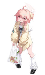Rule 34 | 1girl, :3, :d, absurdres, ahoge, bag, black footwear, blue archive, bottle, food, full body, hair bun, hair ornament, hair scrunchie, halo, hashtag-only commentary, highres, holding, holding bag, jacket, leg warmers, long hair, looking at viewer, maochibuqihuyu, natsu (band) (blue archive), natsu (blue archive), official alternate costume, open clothes, open jacket, open mouth, pink eyes, pink hair, plastic bag, print shirt, scrunchie, shirt, shoes, simple background, smile, solo, spring onion, white background, white shirt, yellow jacket, yellow scrunchie