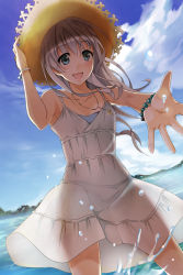 Rule 34 | 1girl, backlighting, bad id, bad pixiv id, bare shoulders, blue eyes, borrowed character, cowboy shot, cross, day, dress, hat, highres, jewelry, kaeru (ka=l), long hair, necklace, open mouth, original, outdoors, outstretched arm, outstretched hand, silver hair, solo, splashing, wading