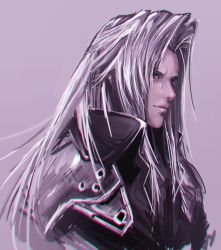 Rule 34 | 1boy, armor, black eyes, commentary request, deluxe&lt;&lt;&lt;, final fantasy, final fantasy vii, grey background, male focus, portrait, sephiroth, silver hair, simple background, sketch, smile, solo