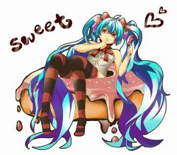 Rule 34 | 1girl, aqua hair, candy, doughnut, finger in own mouth, finger sucking, food, fruit, grapes, hatsune miku, lollipop, long hair, mamemiyabi, orange eyes, sitting, solo, strawberry, striped clothes, striped thighhighs, swirl lollipop, thighhighs, twintails, very long hair, vocaloid