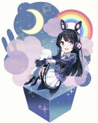 Rule 34 | 1girl, :d, animal ear headphones, animal ears, black gloves, black hair, black jacket, blush, brooch, cloud, collared shirt, crescent moon, fake animal ears, from side, full body, gloves, headphones, hugging own legs, jacket, jewelry, long hair, looking at viewer, moon, neck ribbon, nijisanji, open mouth, own hands together, pink ribbon, pleated skirt, purple eyes, rabbit ear headphones, rainbow, ribbon, shirt, sidelocks, simple background, skirt, smile, solo, sou (tuhut), star (symbol), straight hair, thighhighs, tsukino mito, virtual youtuber, white background, white skirt, white thighhighs, zettai ryouiki