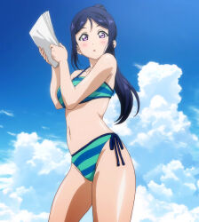 Rule 34 | 1girl, bikini, blush, breasts, highres, large breasts, legs, long hair, looking at viewer, love live!, love live! sunshine!!, matsuura kanan, navel, open mouth, paper, ponytail, purple eyes, screencap, stitched, swimsuit, thighs, third-party edit