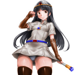 Rule 34 | 1girl, belt, blue belt, blue gemstone, breasts, brown eyes, brown gloves, brown thighhighs, circlet, closed mouth, covered navel, cowboy shot, dress, druaga no tou, elbow gloves, fingerless gloves, gem, gloves, gluteal fold, grey hair, high collar, highres, holding, holding scepter, jewelry, ki (druaga), legs apart, long hair, minamoto80486, necklace, panties, pantyshot, red gemstone, ringed eyes, scepter, short dress, short sleeves, simple background, small breasts, smile, solo, standing, thighhighs, thighs, underwear, white background, white dress, white panties, zettai ryouiki
