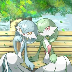 Rule 34 | 2girls, blue hair, blue skin, bob cut, closed mouth, colored skin, creatures (company), day, falling leaves, female focus, flat chest, game freak, gardevoir, gen 3 pokemon, green hair, green skin, hair between eyes, hand on lap, hand to own mouth, hand up, happy, leaf, leaning to the side, looking at viewer, monya, multicolored skin, multiple girls, nintendo, on bench, one eye closed, open mouth, orange eyes, outdoors, pokemon, pokemon (creature), red eyes, shiny and normal, shiny pokemon, short hair, sitting, smile, tree, two-tone skin, white skin, wink