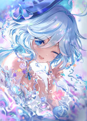 Rule 34 | 1girl, ;d, absurdres, ahoge, alternate costume, bare shoulders, blue hair, blue hat, blurry, blurry background, breasts, cleavage, drop-shaped pupils, flower, furina (genshin impact), genshin impact, hat, head tilt, highres, light blue hair, long hair, looking at viewer, looking to the side, nekondx, one eye closed, open mouth, small breasts, smile, solo, symbol-shaped pupils, teeth, top hat, upper body, upper teeth only, v, water