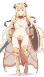 Rule 34 | 1girl, armor, bikini armor, blonde hair, blue eyes, blush, breasts, commentary, draph, full body, granblue fantasy, horns, kichihachi, large breasts, long hair, navel, open mouth, pelvic curtain, pointy ears, razia, shield, simple background, solo, spartan (granblue fantasy), sword, very long hair, weapon