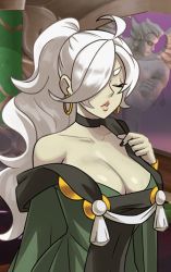 Rule 34 | 1girl, breasts, cleavage, collarbone, earrings, closed eyes, indivisible, jewelry, large breasts, long hair, official art, white hair