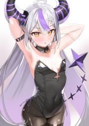 Rule 34 | 1girl, armpits, arms up, bare shoulders, black pantyhose, blush, breasts, detached collar, highres, hololive, horns, kanzarin, la+ darknesss, leotard, long hair, looking at viewer, multicolored hair, open mouth, pantyhose, playboy bunny, small breasts, solo, streaked hair, striped horns, virtual youtuber