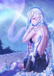 Rule 34 | 1girl, absurdres, armor, asymmetrical bangs, backless outfit, bare shoulders, black skirt, boots, brynhildr (fate), fate/grand order, fate/prototype, fate/prototype: fragments of blue and silver, fate (series), flower, from behind, hair flower, hair ornament, highres, long hair, looking at viewer, looking back, purple eyes, silver hair, sitting, skirt, solo, thigh boots, thighhighs, very long hair