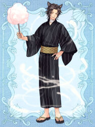 Rule 34 | 1boy, animal ears, black kimono, blue background, cotton candy, full body, hand on own hip, japanese clothes, kasumi (tw), kimono, looking at viewer, male focus, psychic hearts, sandals, short hair, smile, solo, wide sleeves, yellow eyes, zouri