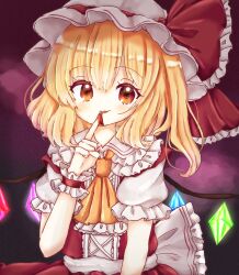 Rule 34 | 1girl, ascot, blonde hair, blood, blood on face, blood on hands, crystal, flandre scarlet, hat, hat ribbon, highres, medium hair, mob cap, multicolored wings, one side up, puffy short sleeves, puffy sleeves, red eyes, red skirt, red vest, ribbon, short sleeves, side ponytail, skirt, skirt set, smile, solo, touhou, upper body, vest, white hat, wings, yellow ascot, yuzu shino (bon2rose)